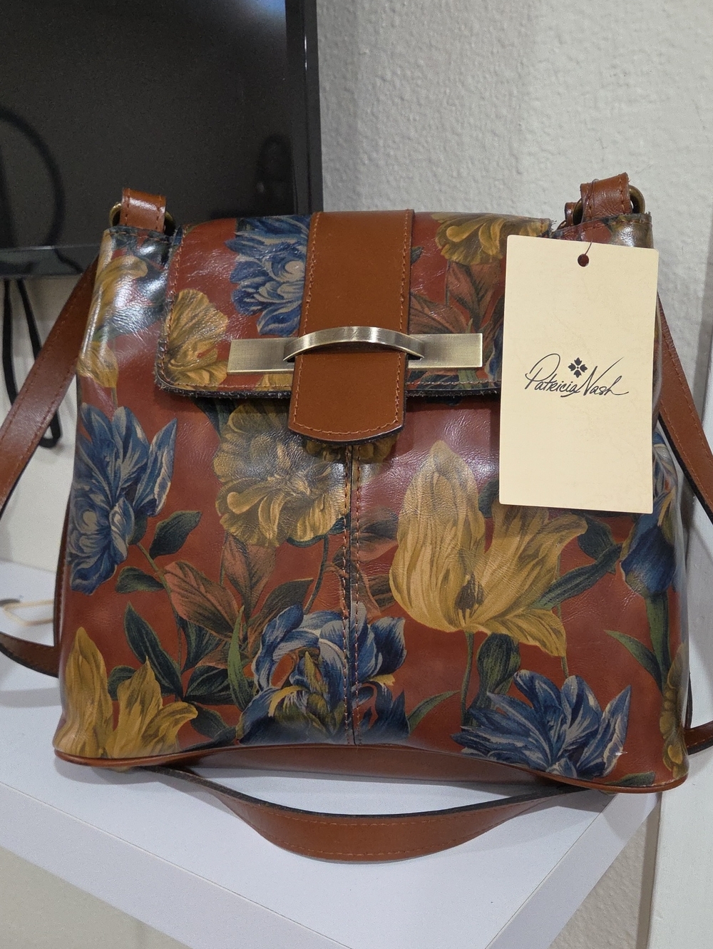 Patricia Nash Brown Floral Leather Shoulder Bag with Blue & Yellow Blooms